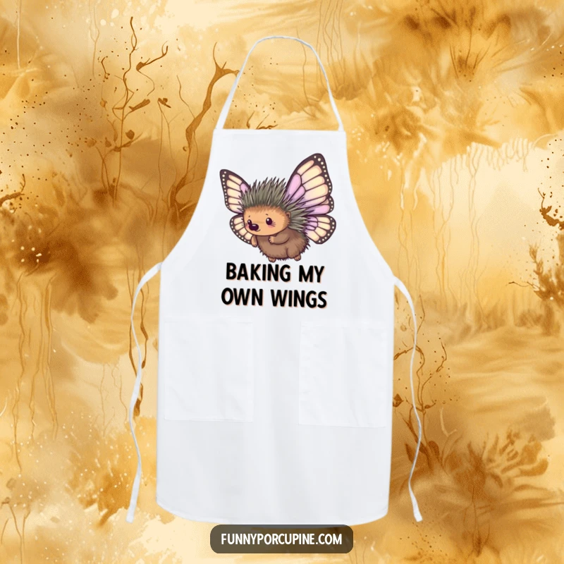 Funny apron featuring a porcupine with oversized, mismatched butterfly wings, comically attempting flight, ideal for humorous kitchen adventures.