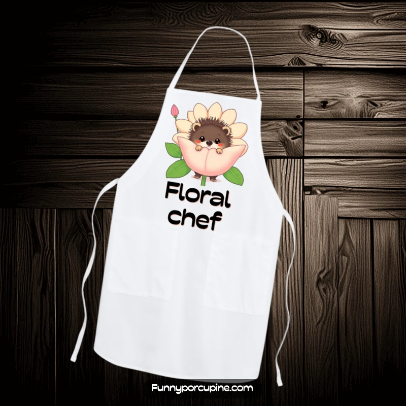 Funny porcupine flower apron, with a porcupine peeking from behind a large comical flower, for kitchen fun.
