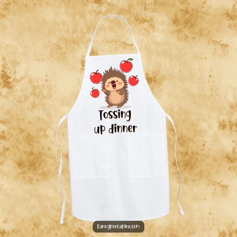 Funny Porcupine Apron: A kawaii porcupine excitedly juggles oversized red apples, bringing humor and excitement to kitchen tasks.
