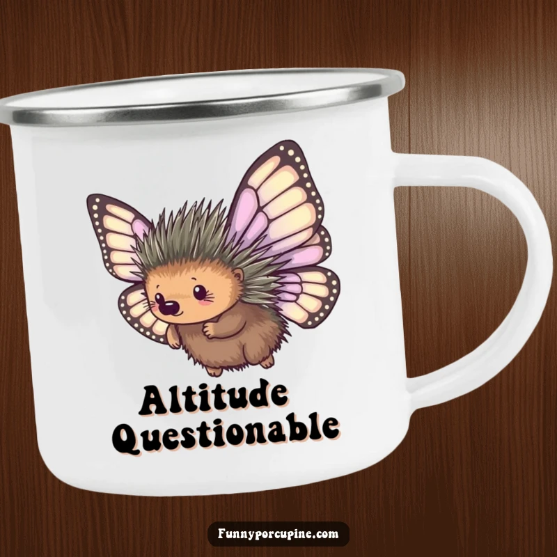 Funny camping mug featuring a porcupine with large, mismatched butterfly wings, comically attempting flight, ready for outdoor adventures.