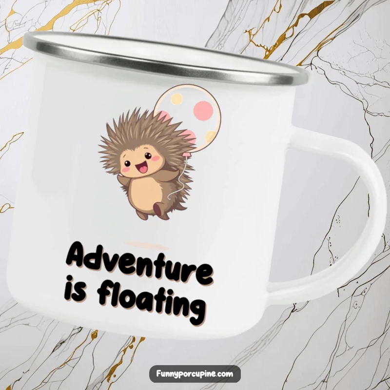 Funny camping mug with a cute porcupine gleefully bouncing on a large polka-dot balloon, looking extremely happy.