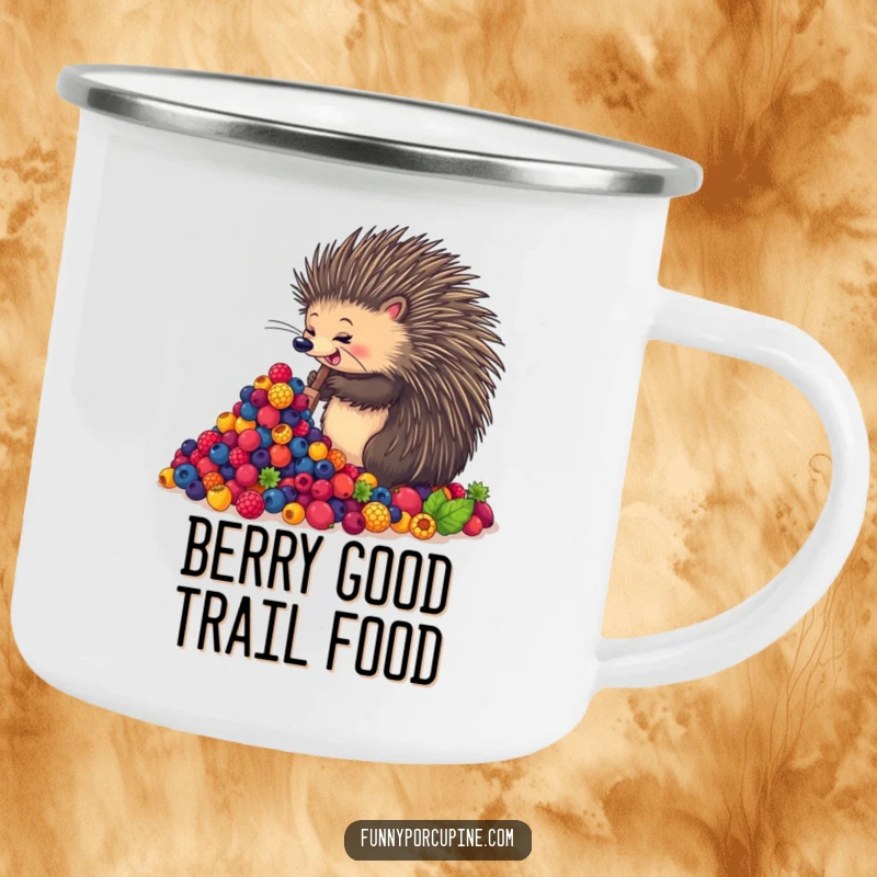 Funny camping mug featuring an enthusiastic porcupine joyfully shoveling a large mound of colorful berries, ready for outdoor enjoyment.
