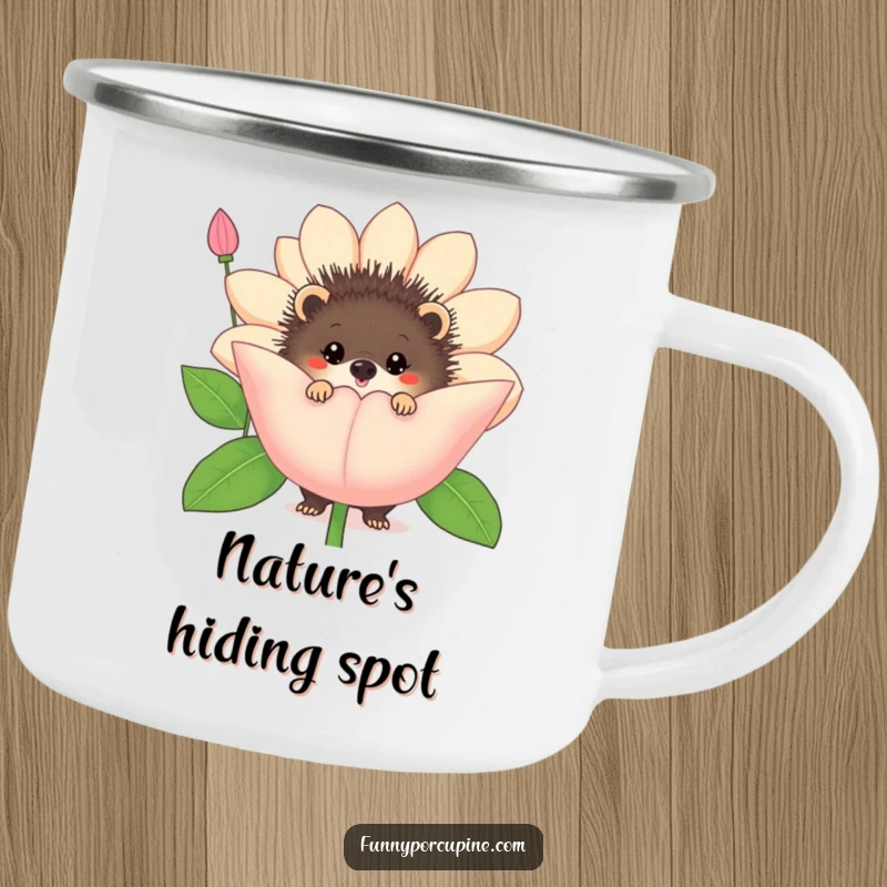 Funny porcupine flower camping mug, showing a porcupine peeking from behind a large flower, perfect for outdoors.