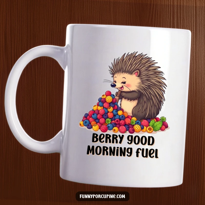 Funny mug showing an enthusiastic porcupine joyfully shoveling a huge pile of colorful berries, embodying pure delight and indulgence.