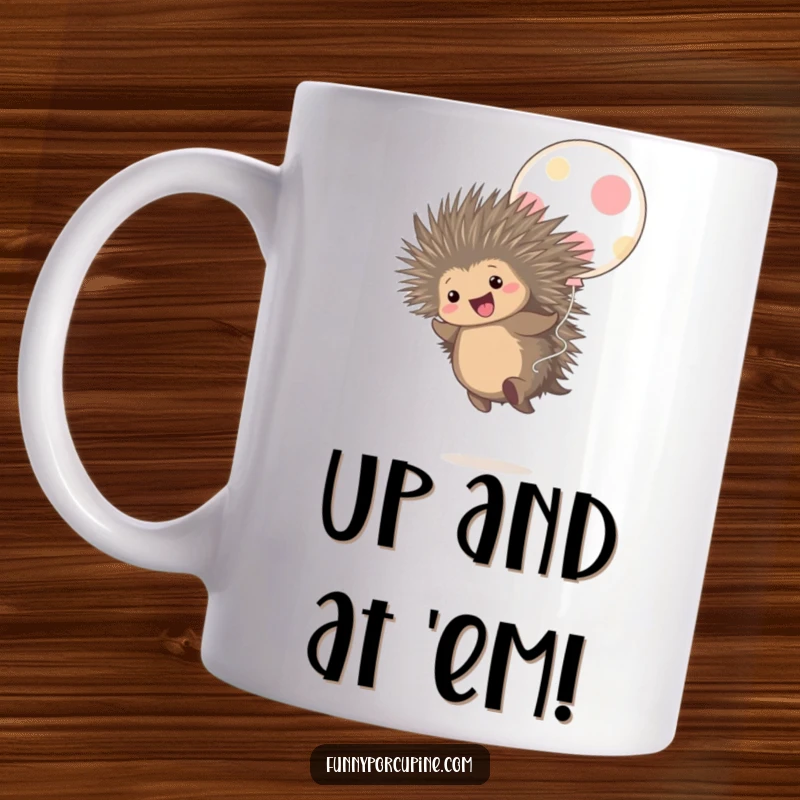 Funny mug featuring a cute porcupine gleefully bouncing high on a large, colorful polka-dot balloon.