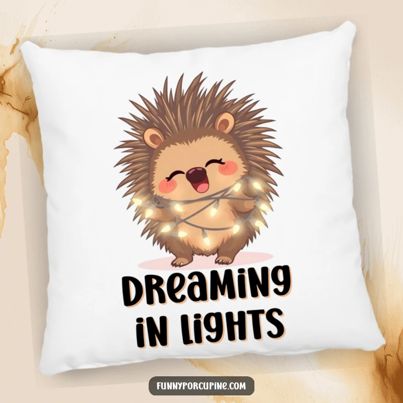 Funny porcupine fairy light pillow featuring a giggling porcupine tangled in soft, glowing fairy lights.