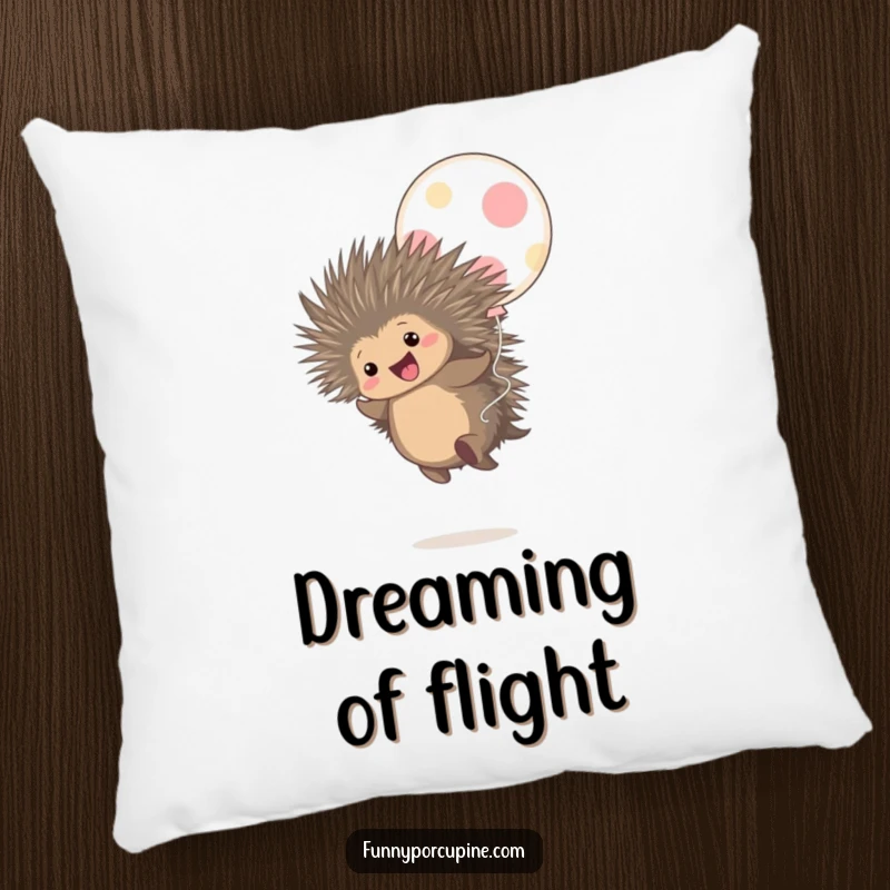 Funny pillow with a cute porcupine gleefully bouncing on a large polka-dot balloon, radiating pure happiness.