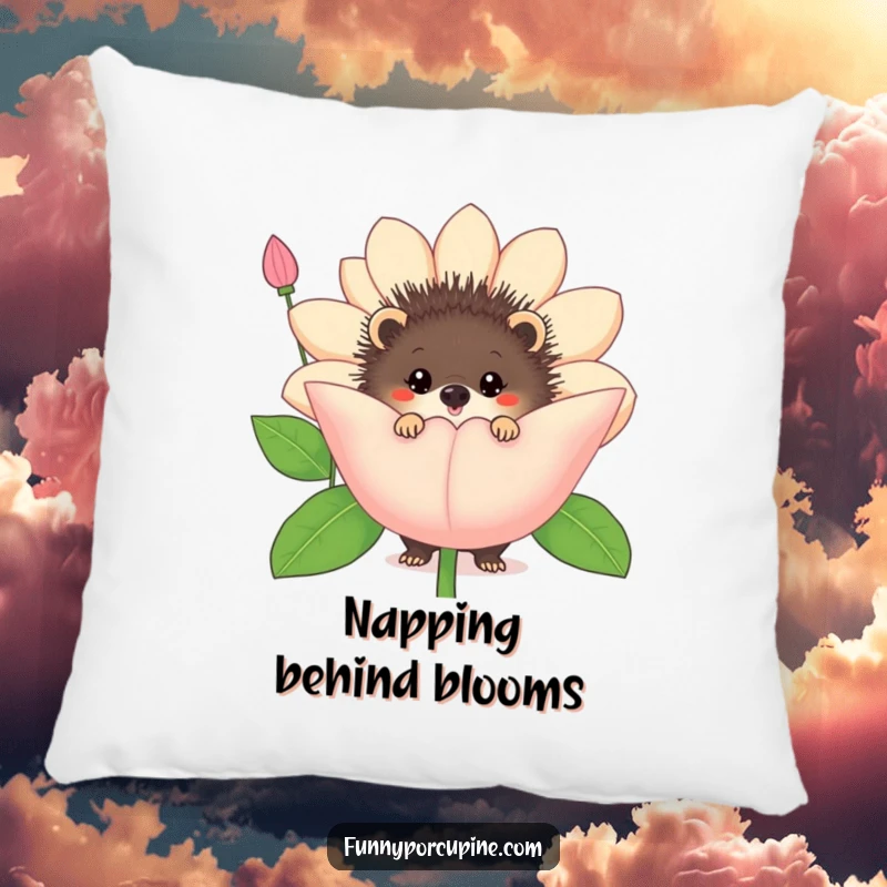 Funny porcupine flower pillow featuring a porcupine peeking from behind a large, comical flower.