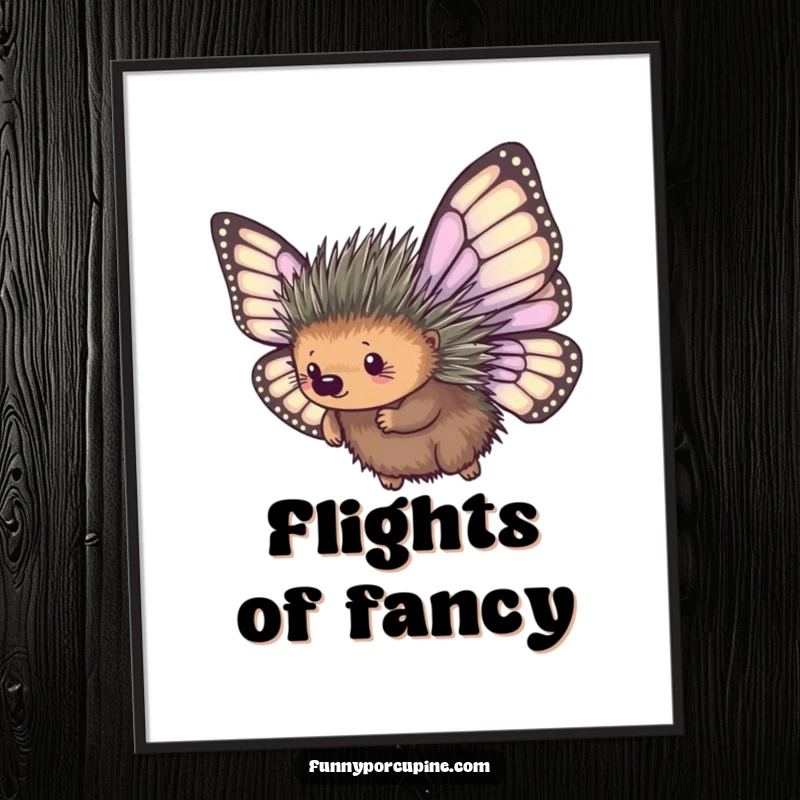 Funny digital art print of a porcupine with large, mismatched butterfly wings, comically attempting flight, adding humorous charm to any space.