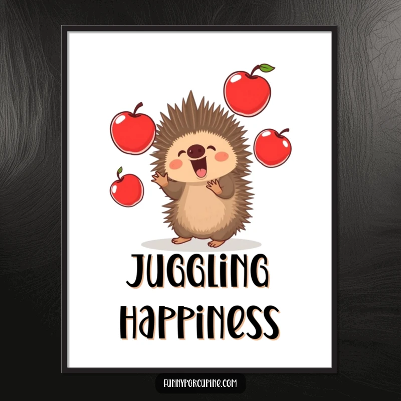 Funny Porcupine Digital Art Print: A kawaii porcupine excitedly juggles oversized red apples, perfect for instant, entertaining decor.