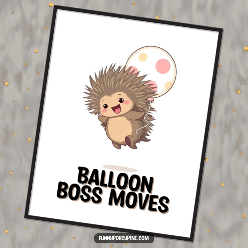 Funny digital art of a cute porcupine gleefully bouncing on a large polka-dot balloon, full of joy.