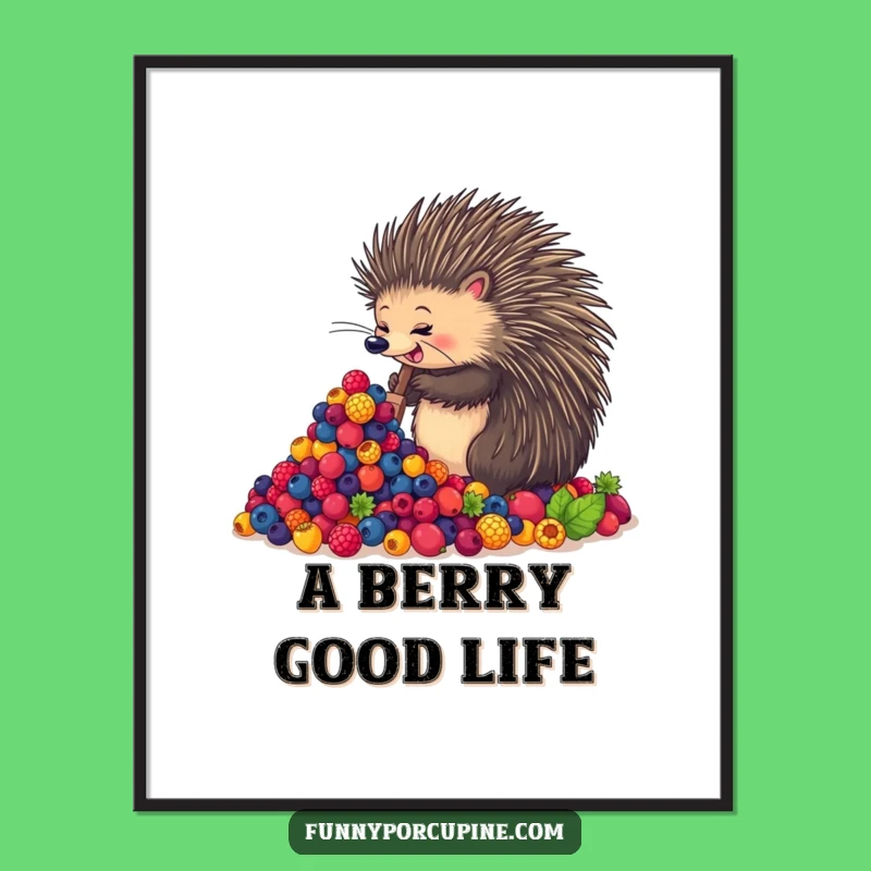 Funny Porcupine Berry Digital Art: Enthusiastic Shoveler Print Gift