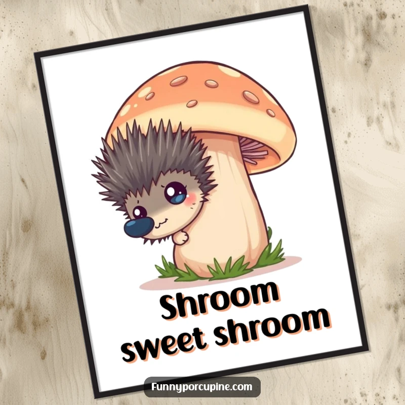 Funny digital art of a spiky porcupine peeking from behind a large mushroom, its wide eyes expressing humorous curiosity.