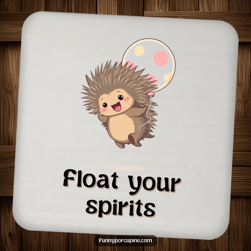 Funny coaster with a cute porcupine gleefully bouncing on a large polka-dot balloon, radiating pure joy.