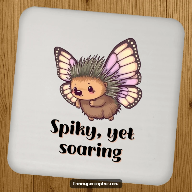 Funny drink coaster with a porcupine sporting oversized, mismatched butterfly wings, humorously attempting flight, protecting surfaces with charm.