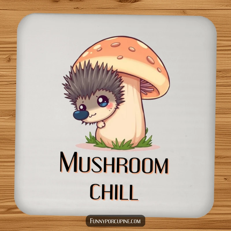 Funny coaster with a spiky porcupine peeking from behind a cartoonish mushroom, its expression a blend of shy and humorous.