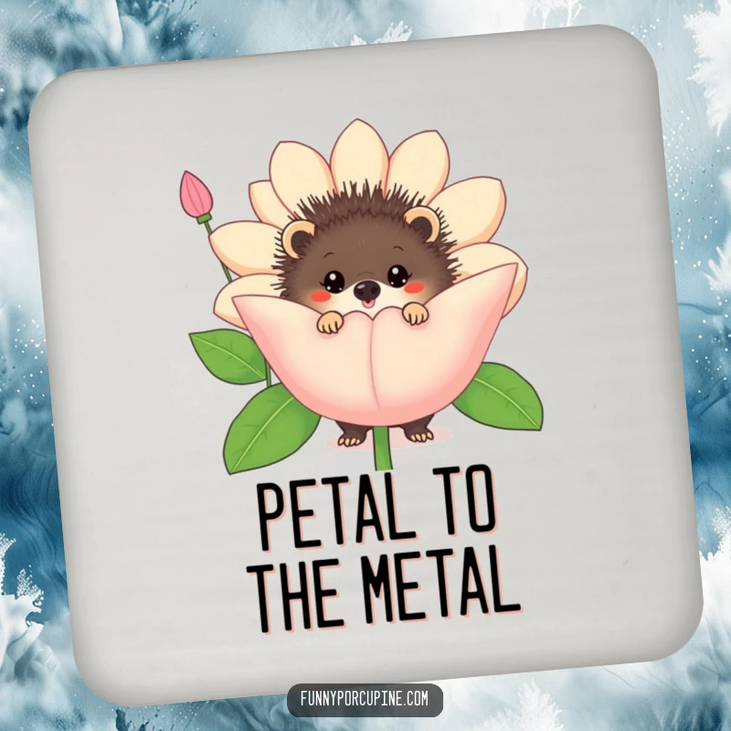 Funny porcupine flower coaster design, featuring a porcupine peeking from behind a large flower, ideal for tables.
