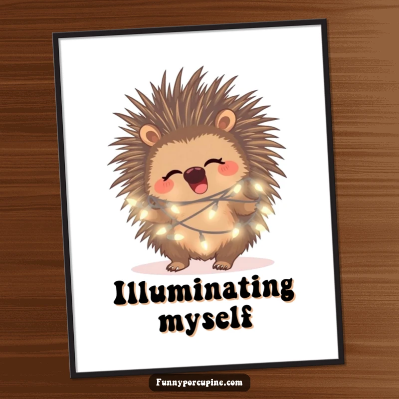 Funny porcupine fairy light poster print, depicting a happy porcupine giggling while entangled in sparkling fairy lights.