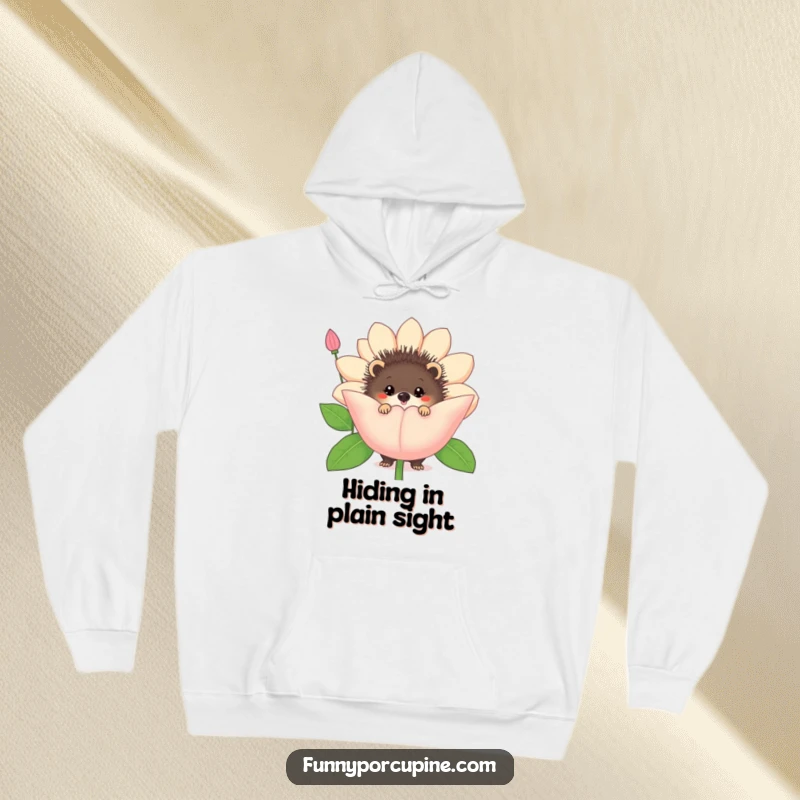 Funny porcupine flower hoodie, featuring a porcupine peeking shyly from behind a large, comical bloom.