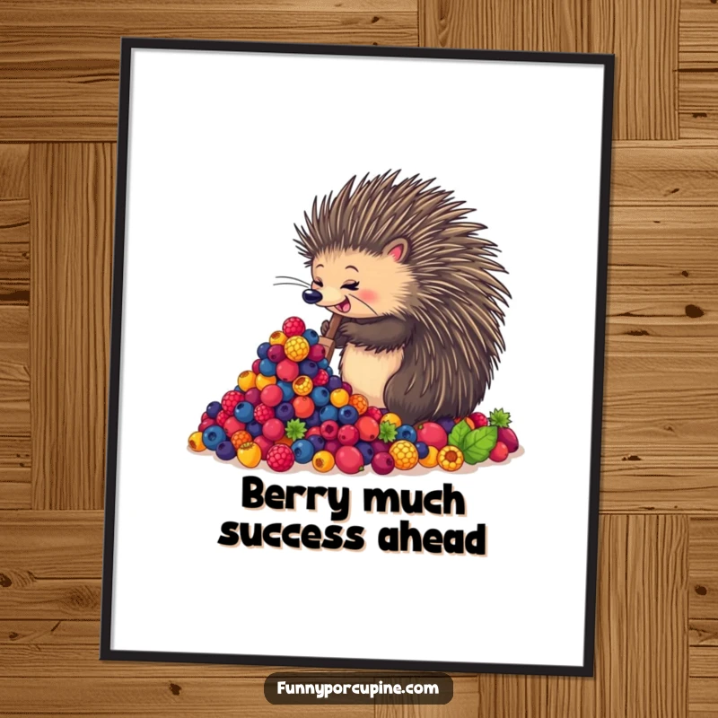 Funny Free Printable Wall Art: A porcupine joyfully eats a huge pile of colorful, ripe berries with great enthusiasm.