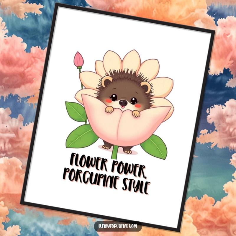 Funny free printable wall art of a porcupine peeking from behind an oversized comical flower, adding a playful and whimsical element.