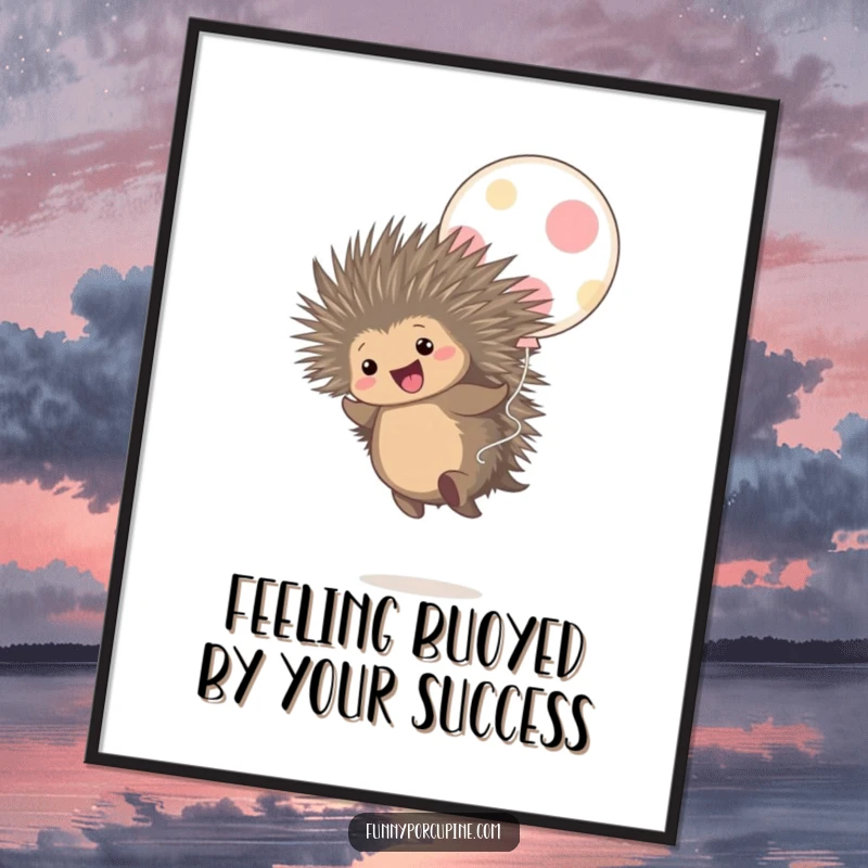Funny Free Printable Wall Art: A small, cute porcupine gleefully bounces high on a huge polka-dot balloon, a whimsical art piece.
