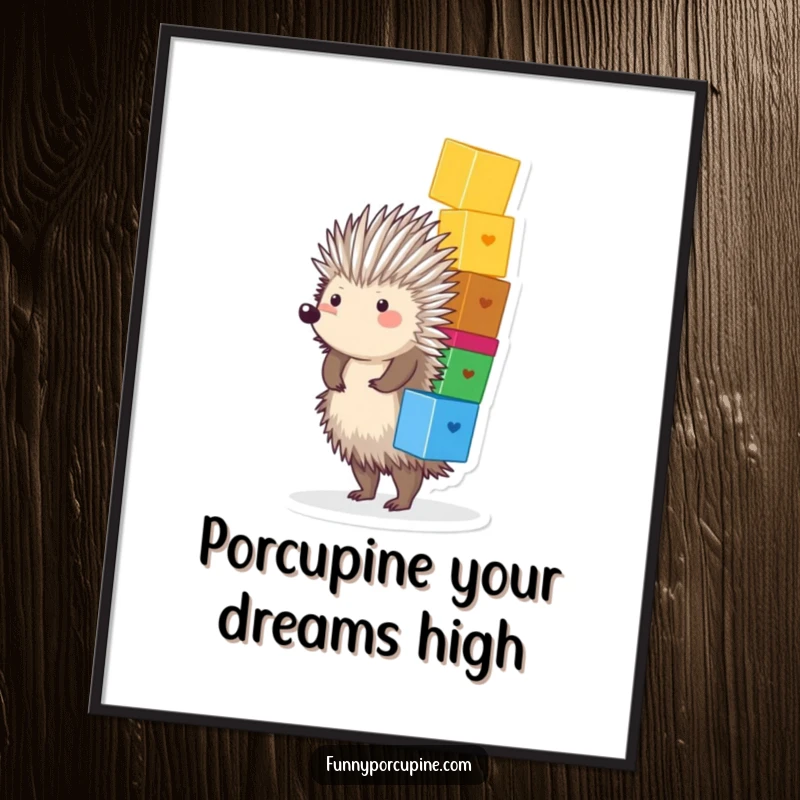 Funny Free Printable Wall Art: A plump, spiky porcupine joyfully balances a massive, wobbling stack of colorful blocks.