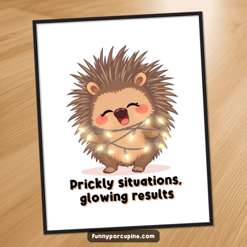 Funny free printable wall art of a porcupine giggling while tangled in glowing fairy lights, creating a cozy, whimsical scene.