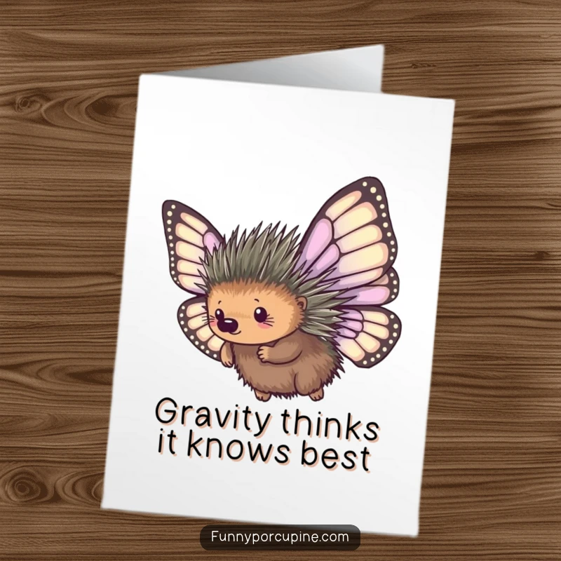 Funny Free Printable Birthday Card: A determined porcupine hilariously attempts flight with giant, mismatched butterfly wings.