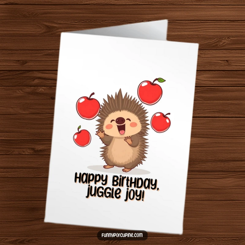 Funny Free Printable Birthday Card: A kawaii porcupine excitedly juggles multiple oversized, vibrant red apples.