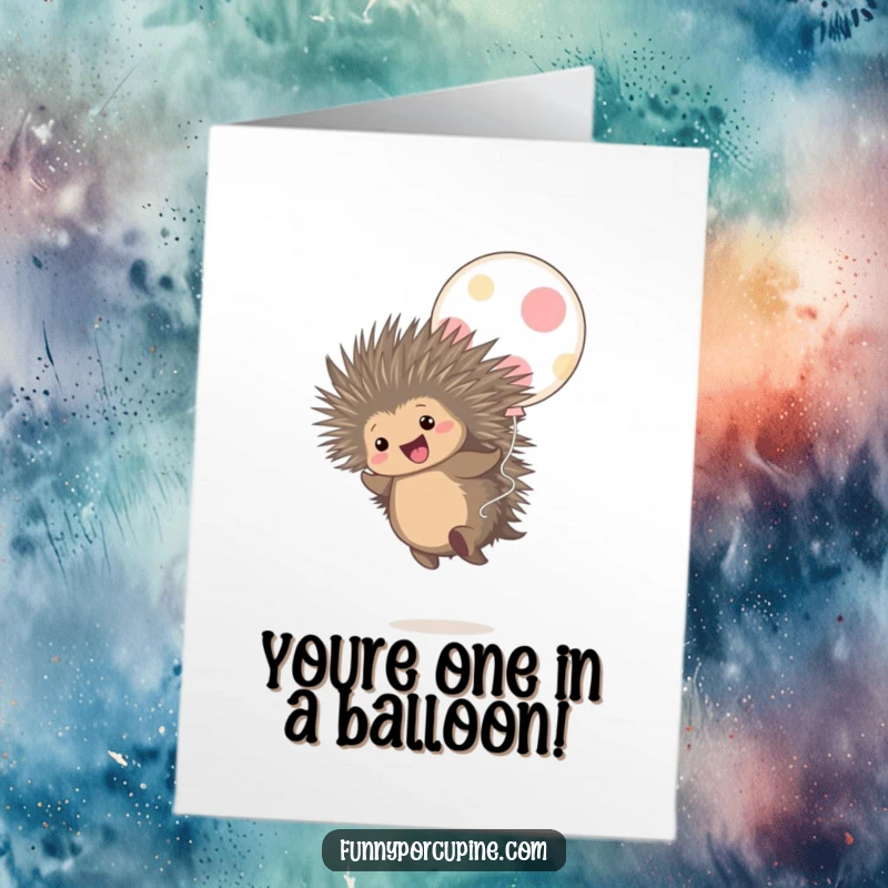 Funny Free Printable Congratulations Card: A cute porcupine joyfully bounces on a giant polka-dot balloon, signifying a successful leap.