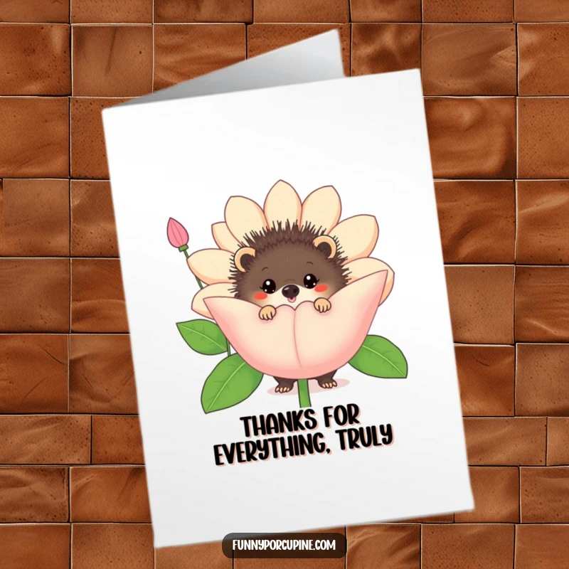 Free printable thank you card featuring a porcupine peeking playfully from behind a large, funny flower, a sweet way to say thanks.