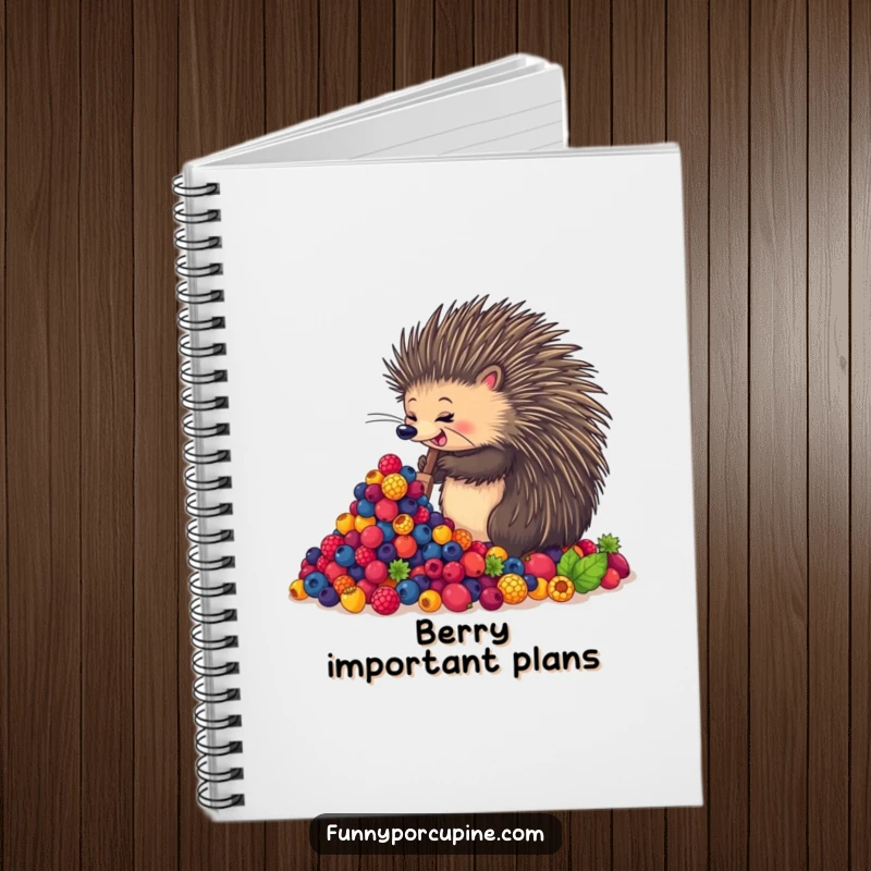 Funny notebook with an enthusiastic porcupine gleefully shoveling a huge pile of vibrant berries, for documenting delightful thoughts.