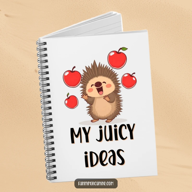 Funny Porcupine Notebook: A kawaii porcupine excitedly juggles oversized red apples, inspiring fun notes and lively ideas.