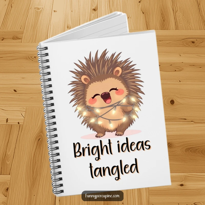Funny porcupine fairy light notebook cover, featuring a giggling porcupine tangled in fairy lights, ideal for notes.