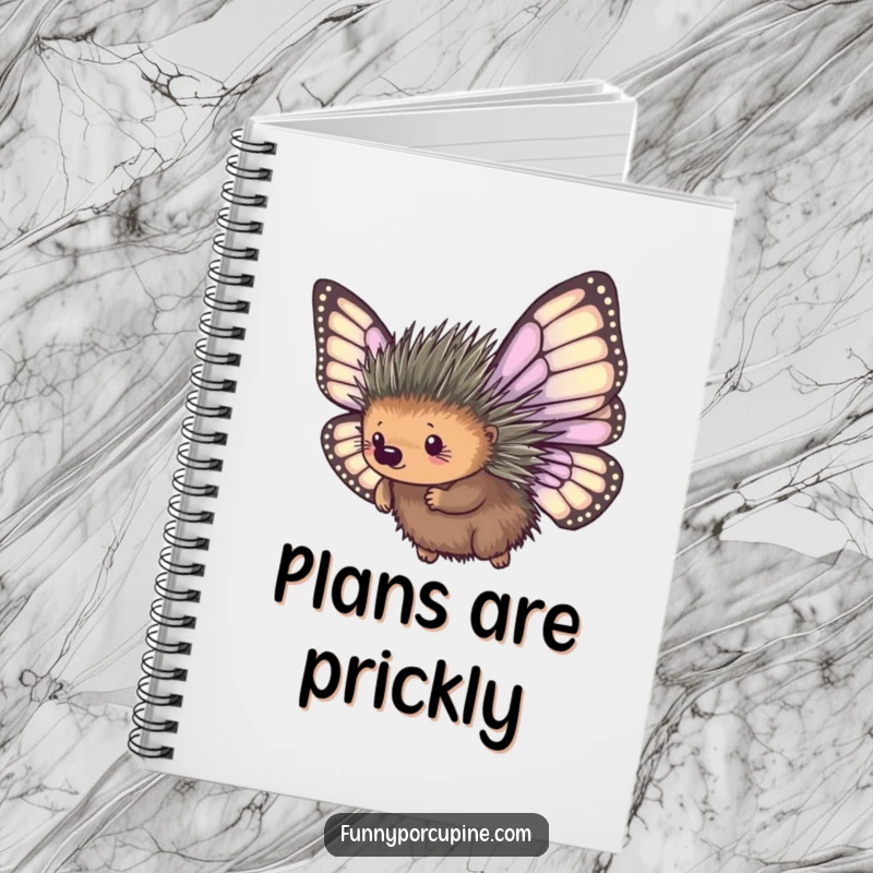 Funny notebook with a porcupine sporting oversized, mismatched butterfly wings, comically attempting flight, for jotting down hilarious thoughts.
