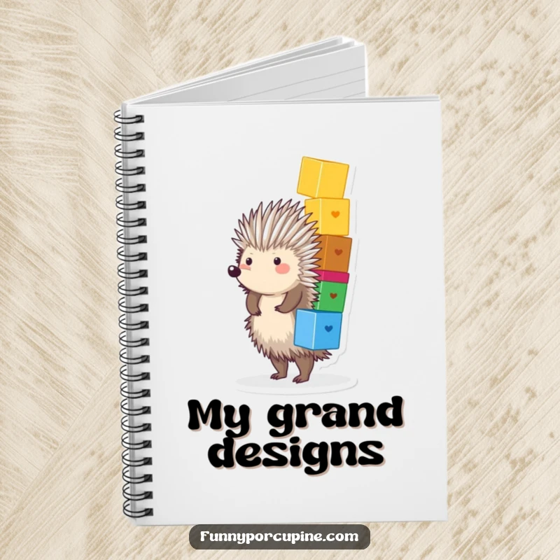 Funny Porcupine Notebook: A plump, spiky porcupine joyfully balances a stack of colorful blocks, inspiring fun notes and focus.