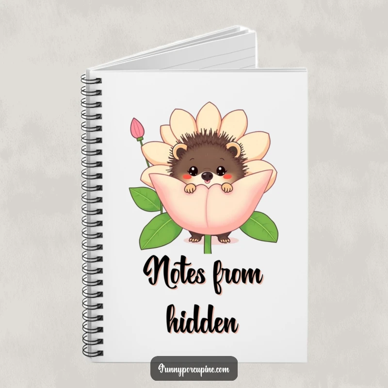 Funny porcupine flower notebook cover, featuring a porcupine peeking from behind a large flower, ideal for notes.
