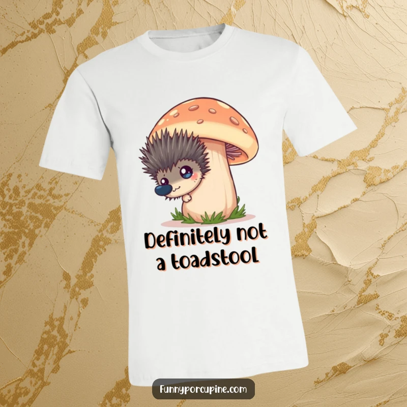 Funny t-shirt with a spiky porcupine peeking comically from behind a giant, cartoonish mushroom, wide eyes full of mischief.