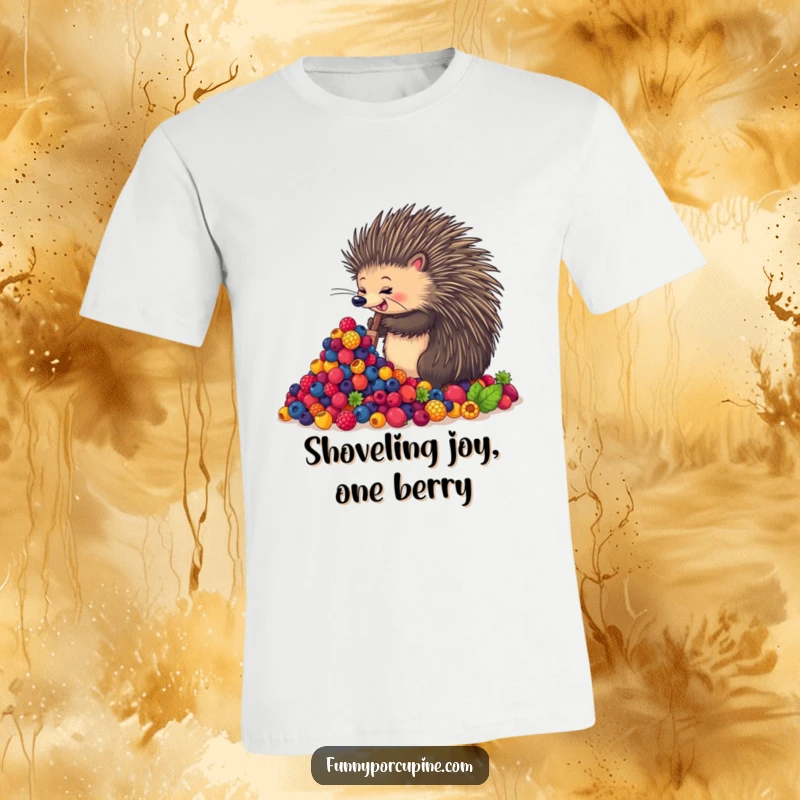 Funny t-shirt depicting an ecstatic porcupine enthusiastically shoveling a massive mound of vibrant berries, a symbol of joyous abundance.