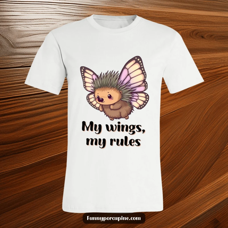 Funny t-shirt featuring a determined porcupine with large, mismatched butterfly wings, hilariously striving to fly, a symbol of bold, comical effort.