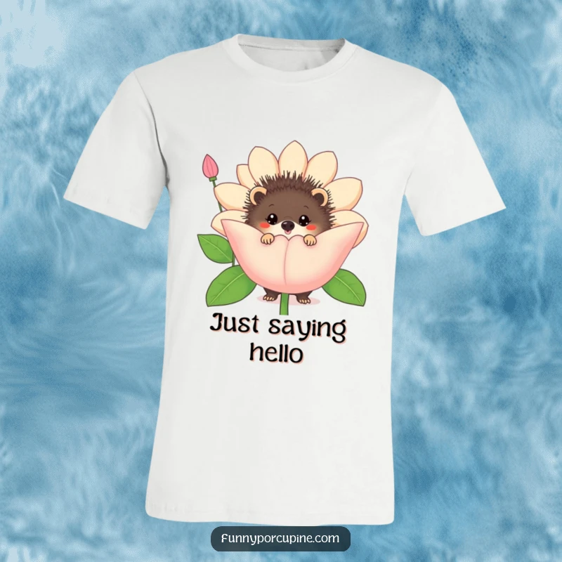 Funny porcupine flower t-shirt, depicting a porcupine curiously peeking from behind an oversized, whimsical flower.