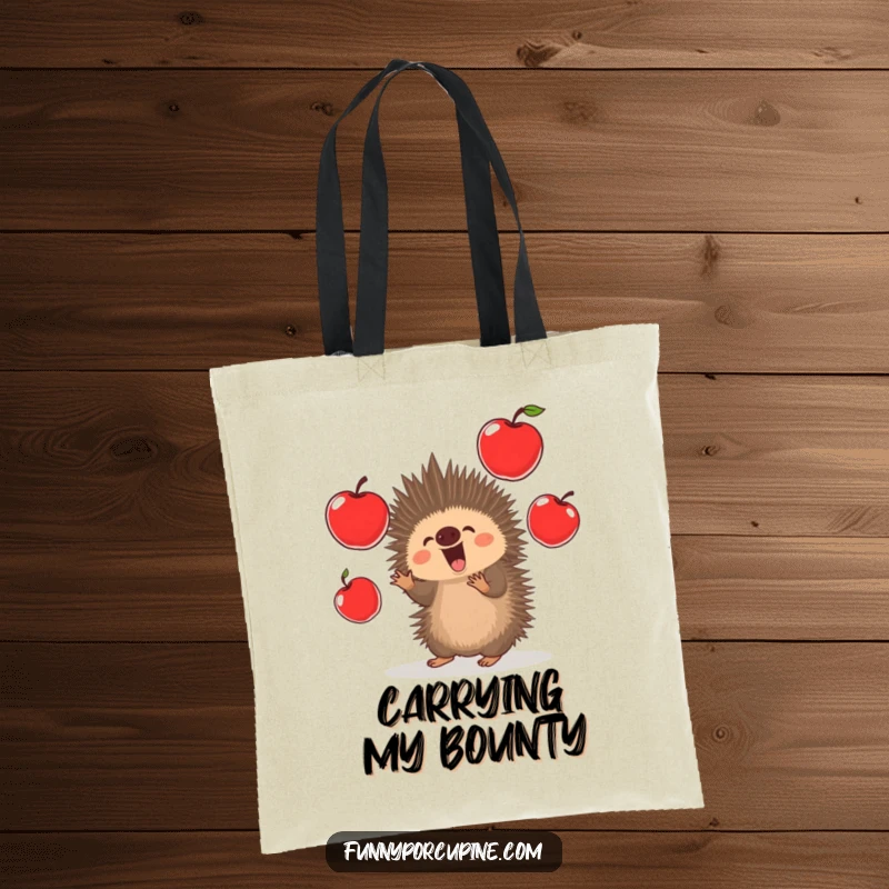 Funny Porcupine Tote Bag: A kawaii porcupine excitedly juggles oversized red apples, making everyday tasks amusing and vibrant.