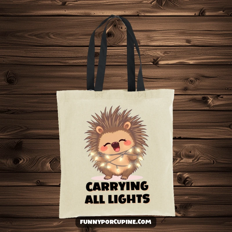 Funny porcupine fairy light tote bag, showing a giggling porcupine caught in a web of glowing fairy lights.