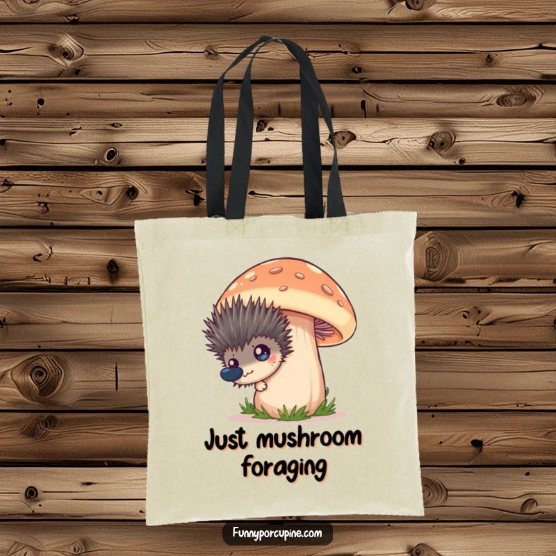 Funny tote bag depicting a spiky porcupine peeking curiously from behind a massive, cartoonish mushroom, highlighting a funny, surprised expression.